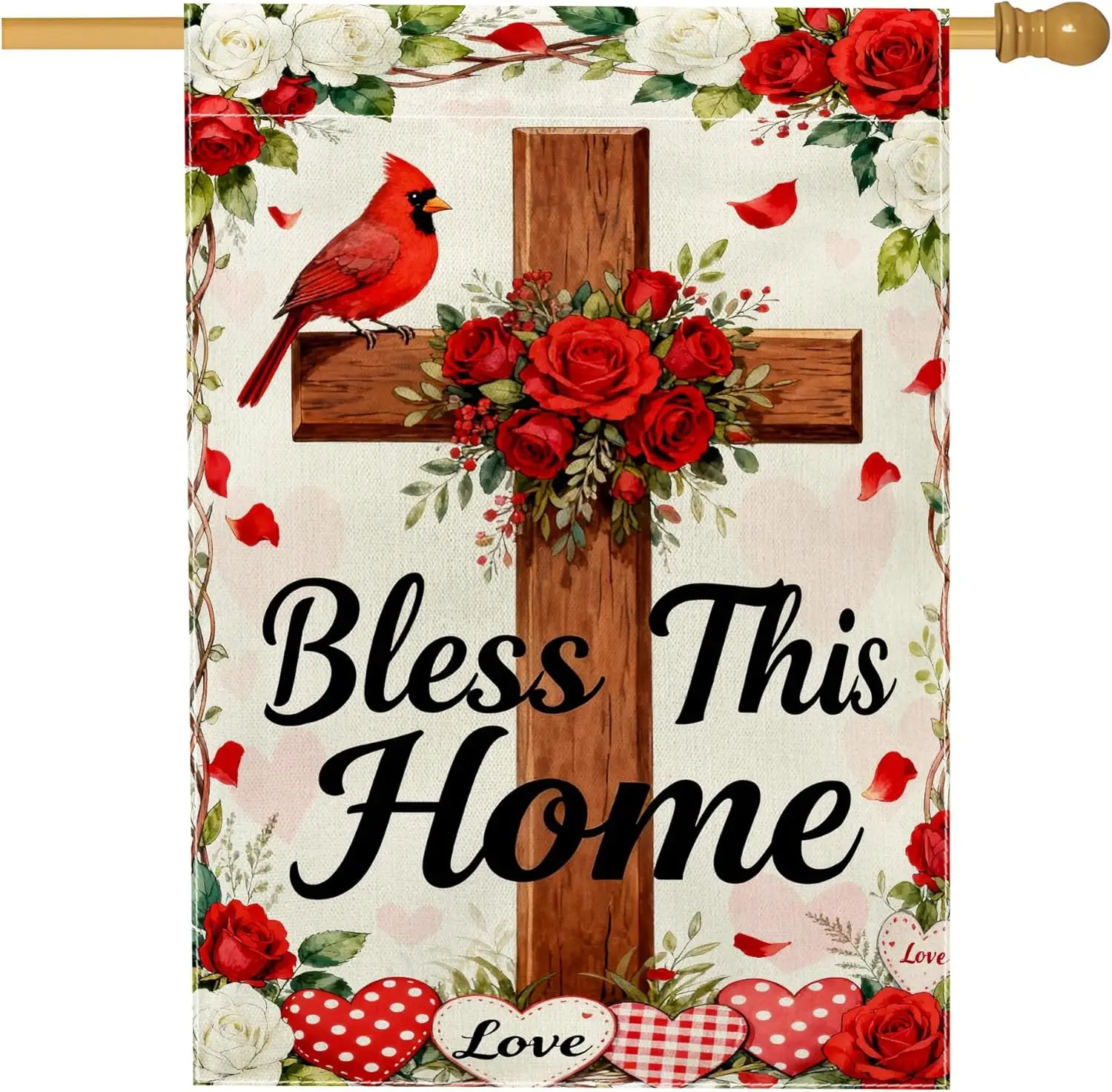 Cross House Flag, Religious Floral Cardinal Roses Spring Red Burlap Double Sided Outside Large Garden Flag for Outdoor Lawn  IIC