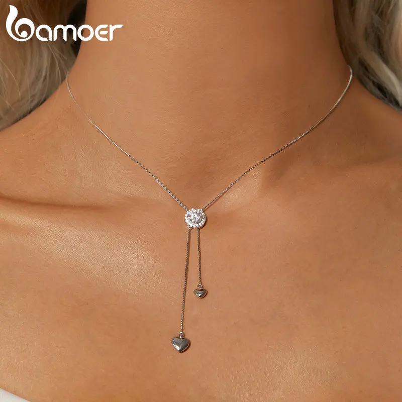 BAMOER-collar de moissanita con lazo de Plata de Ley 925, collar largo de cadena Y con borla colgante minimalista elegante para regalo de mujeres y niñas