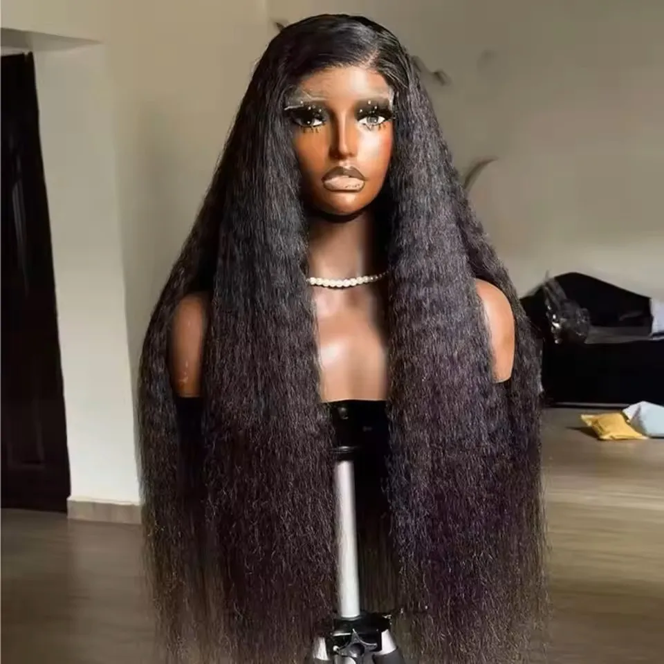 Synthetic Hair Yaki Kinky Straight Glueless 13X4  Lace Front Wig For Women Preplucked   Heat Temperature Fiber Daily Cosplay