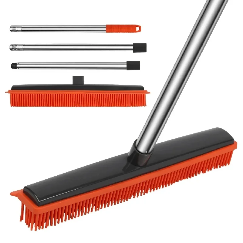 Rubber Broom Carpet Rake with Squeegee Adjustable Length for Pet Hair Fur Remover Broom for Fluff Carpet Hardwood Floor No Scra