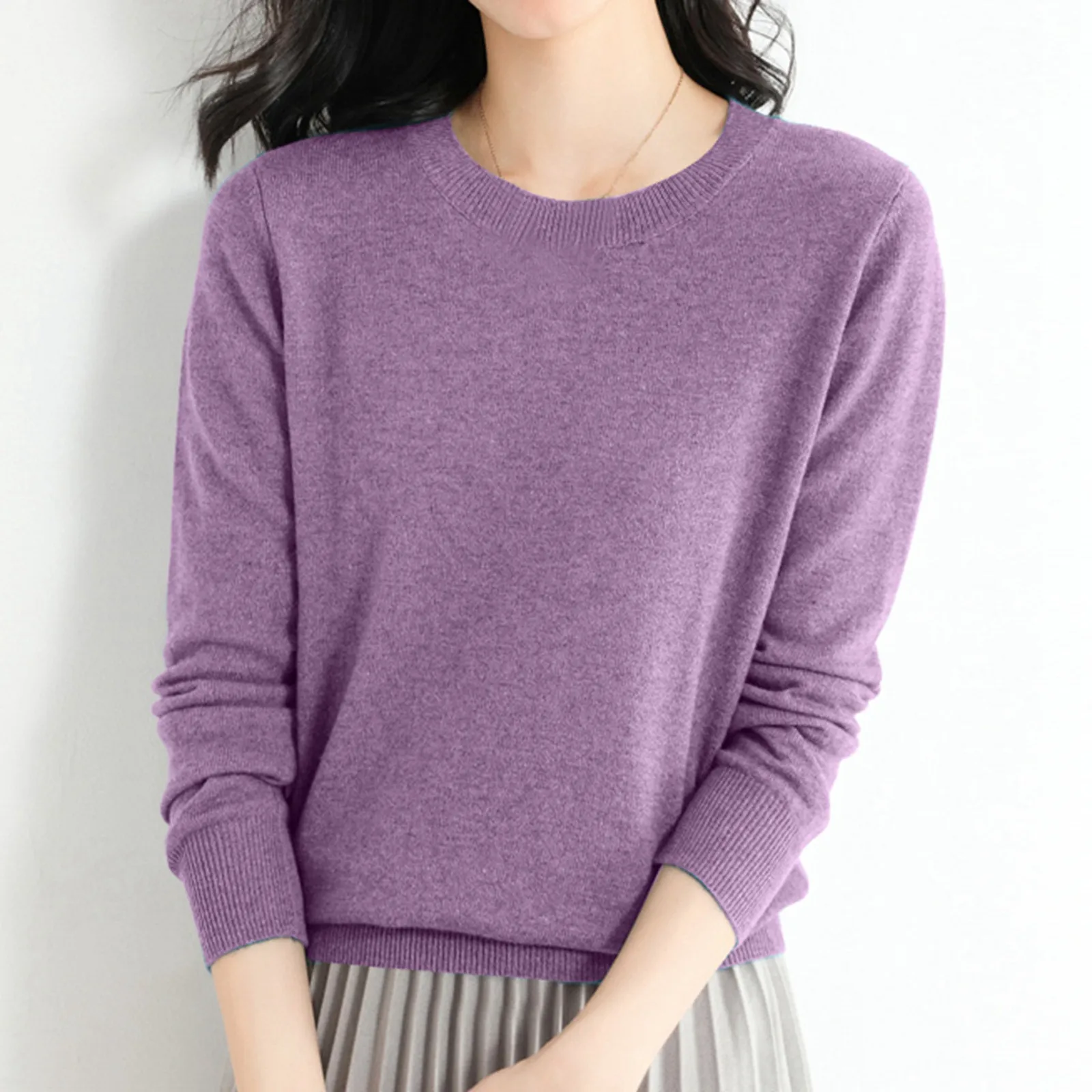 Sweater wol wanita lengan panjang, Sweater Wool rajut longgar leher bulat, Sweater lengan panjang wanita, Pullover warna Solid nyaman, Sweater Wool wanita