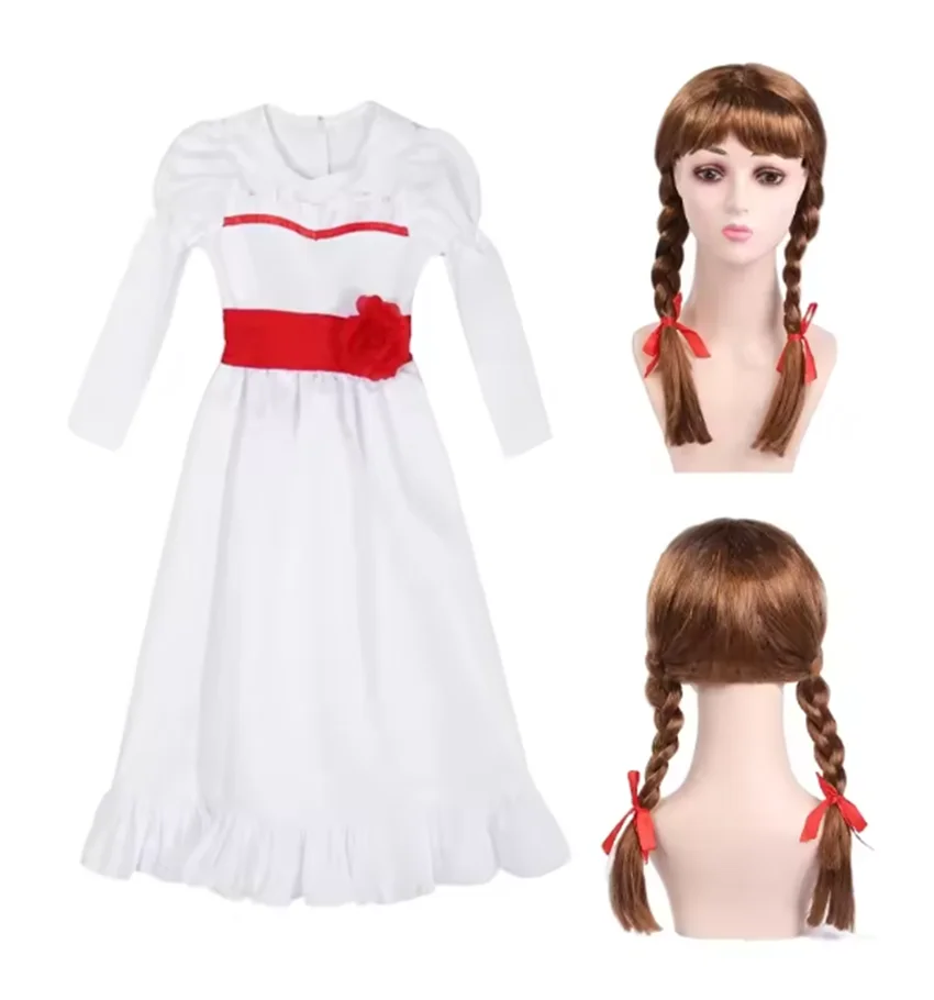 فستان رعب عروس تشاكي أنابيل التأثيري فستان مُصمم حسب الطلب شعر مستعار للدمية للنساء والفتيات ملابس الهالوين الشريرة ملابس المسرح