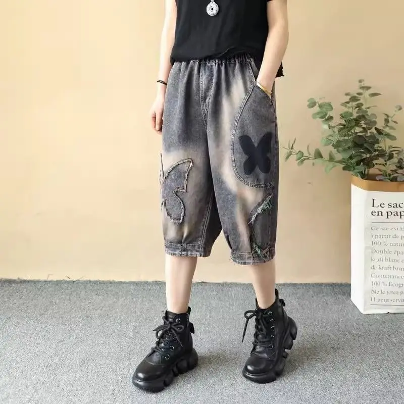 

Thin Summer Vintage Butterfly Patch Fabric With Frayed Edges Elastic Denim Shorts Women's Loose Casual Straight Leg 5-point Pant