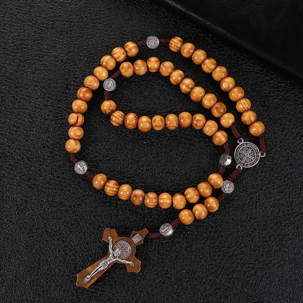 Wood Beads Rosary Necklace,Includes Holy INRI Catholic Christian Rosary Cross Crucifix Blessed with Holy Water from Jerusalem