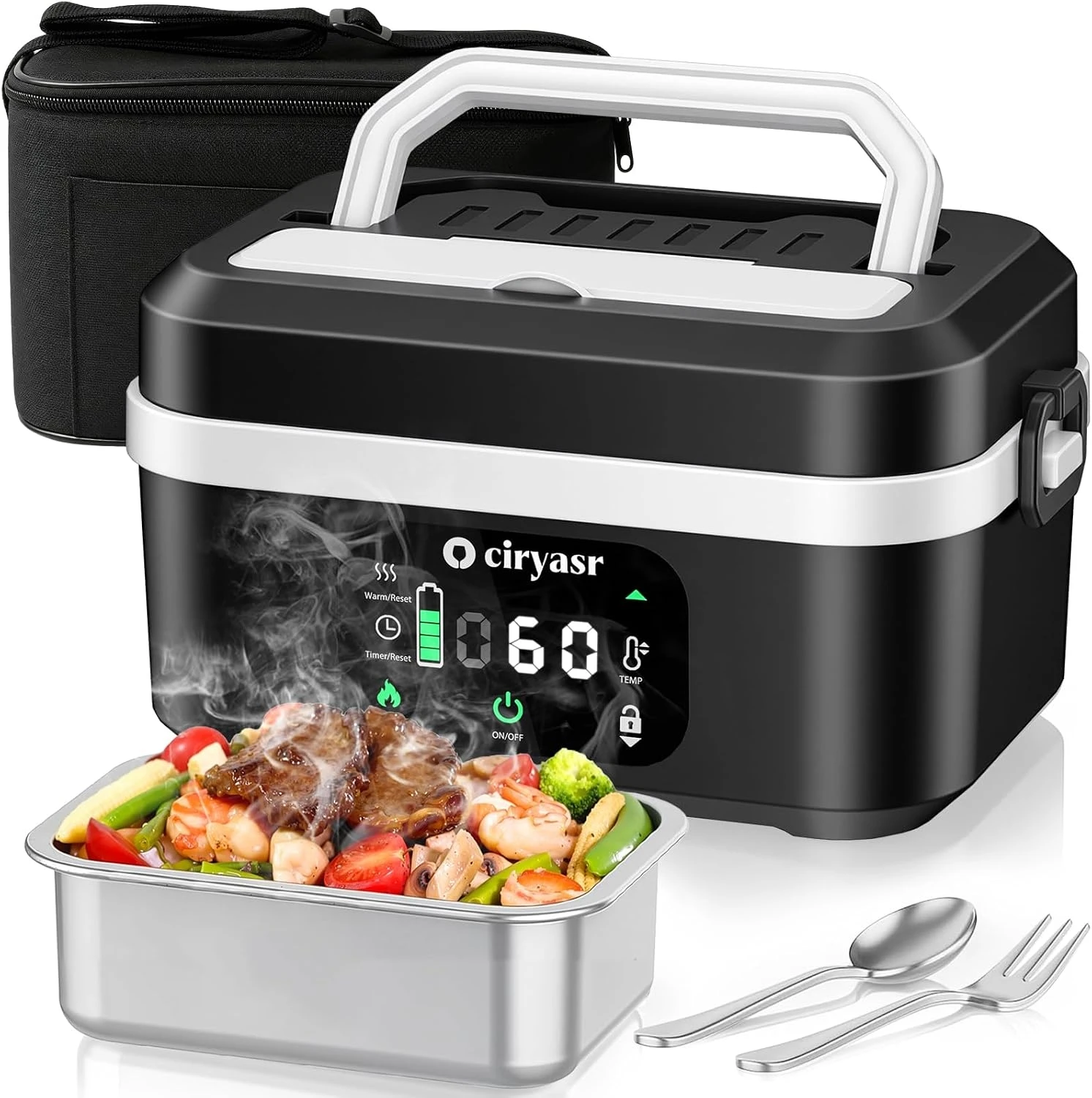 Powerful Electric Lunch Box, 1.35L 20000mAh Battery Powered Heated Lunch Box, Fast Heating&Long Lasting, Food Warmer with Stainless Steel Tableware and Insulated Bag for Car Office Camping Picnic