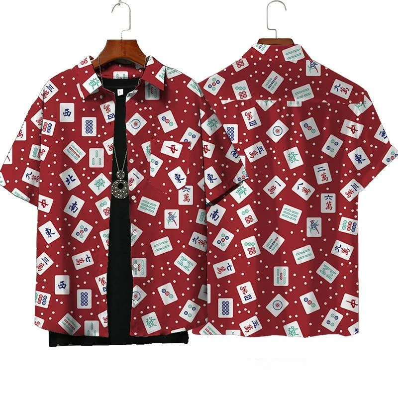 Hip Hop Mahjong Graphic Blouses Red Mah-jongg 3D Printe Shirts For Men Clothes Casual Short Sleeve Streetwear Male Boy Lapel Top image 2