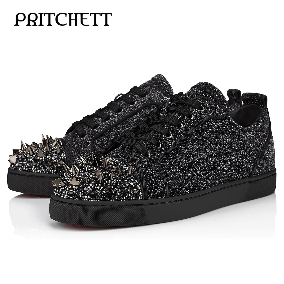 

Rhinestone Rivet Casual Shoes Round Toe Black Lace Daily Casual Shoes Large Size Fashionable Personality Comfortable Men's Shoes