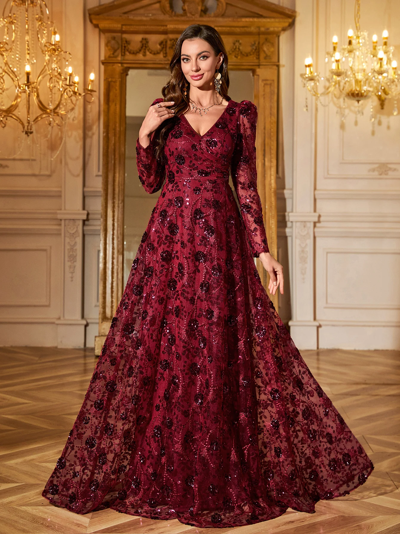 فستان سهرة نسائي من UNITHORSE برقبة على شكل حرف V وأكمام طويلة ومزين بالترتر