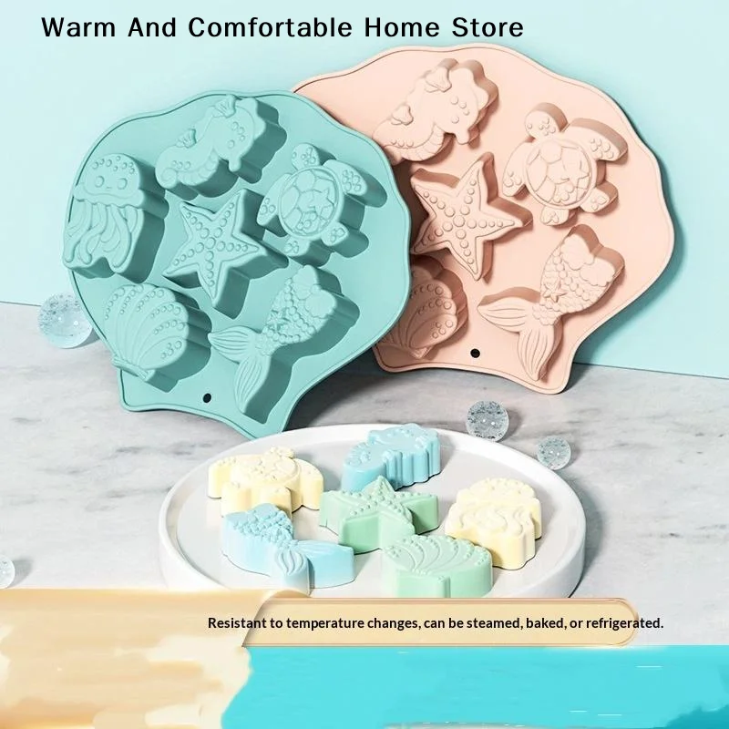 【W】Ocean-Themed Silicone Fondant Mold for Cake Decoration - Mermaid Tail Seahorse Starfish Shells Chocolate Molds for Baking
