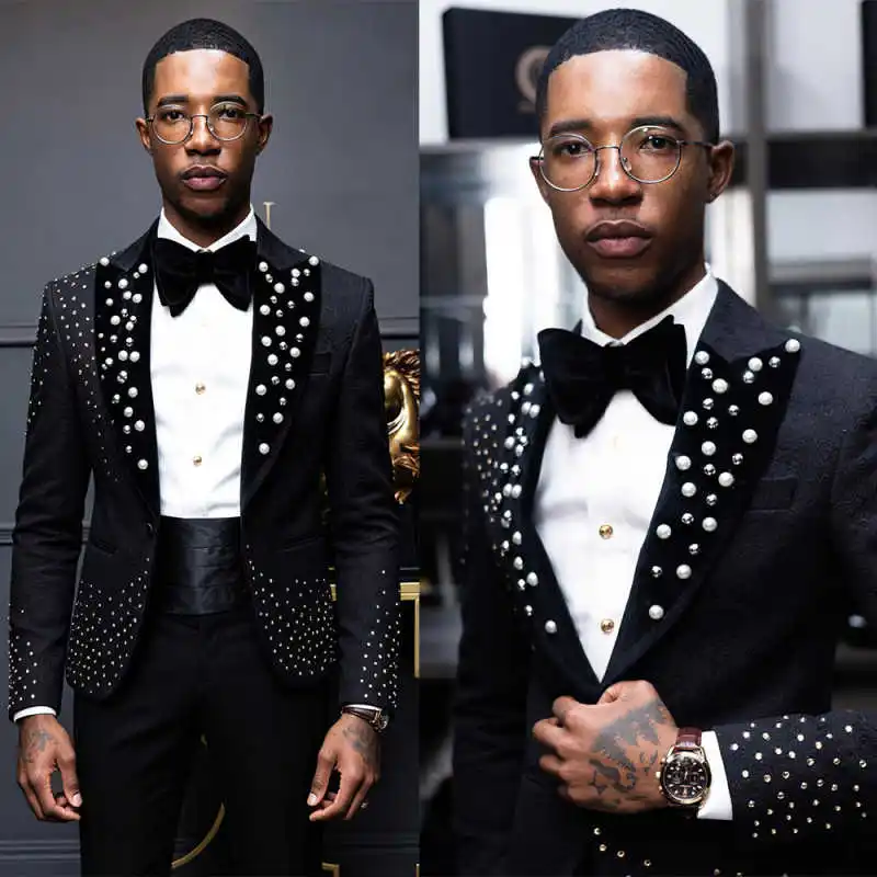 Elegant Black Pearl Rhinestone Men Suit 2‑Piece Set Shawl Lapel Jacket Pants For Wedding Banquet Evening Event Customized