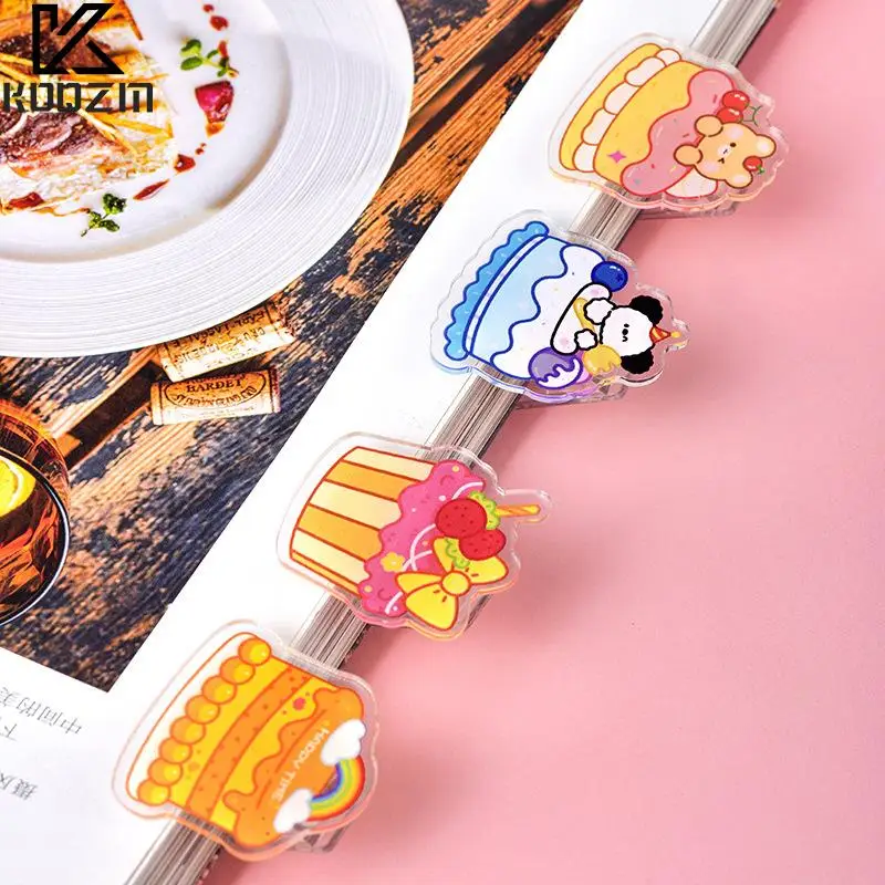 4 Stuks Acryl Kawaii Cartoon Dier Cake Geprint Clips Schattige Plakboek Clip Diy Kantoor Binding Benodigdheden