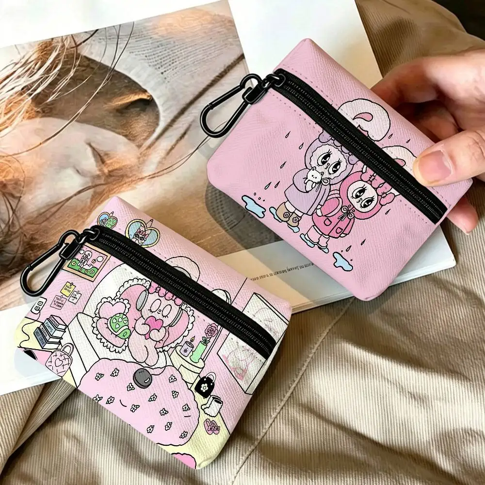 Cartoon Character E-Esther Bunny Oxford Cloth Coin Purse With Carabiner Hook Portable Key Card Wallet Small Zipper Storage Pouch