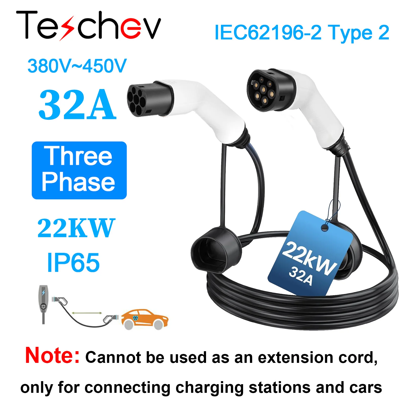 Teschev EV-oplaadkabel 16A 11KW 3-fase elektrische autolader 7KW 32A 1 fase EV-kabel Type 2 naar Type 2 IEC62196-2