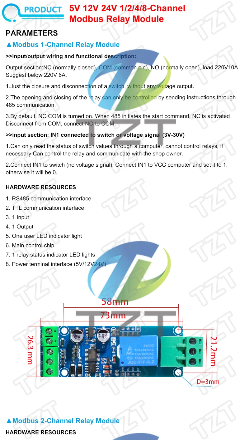 Modbus-RTU Relaismodul 1/1/2/4/8 Kanäle 10A 5V 12V 24V Schalter Eingang Ausgang Optokoppler-Isolation RS485 TTL – Detail 1