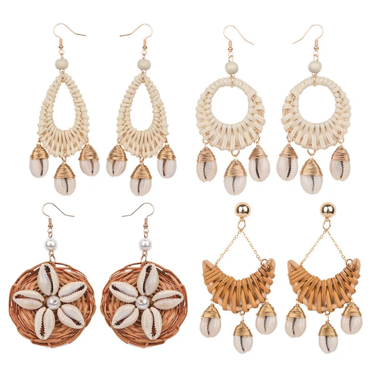 

Wholesale Handmade Drop Bamboo Wood Woven Rattan Shell Earrings Women Jewelry