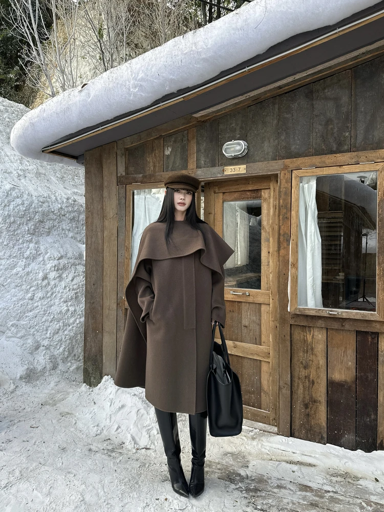 

Двустороннее шерстяное пальто Venuii: роскошная свободная женская верхняя одежда, длинное зимнее пальто с рукавами-фонариками