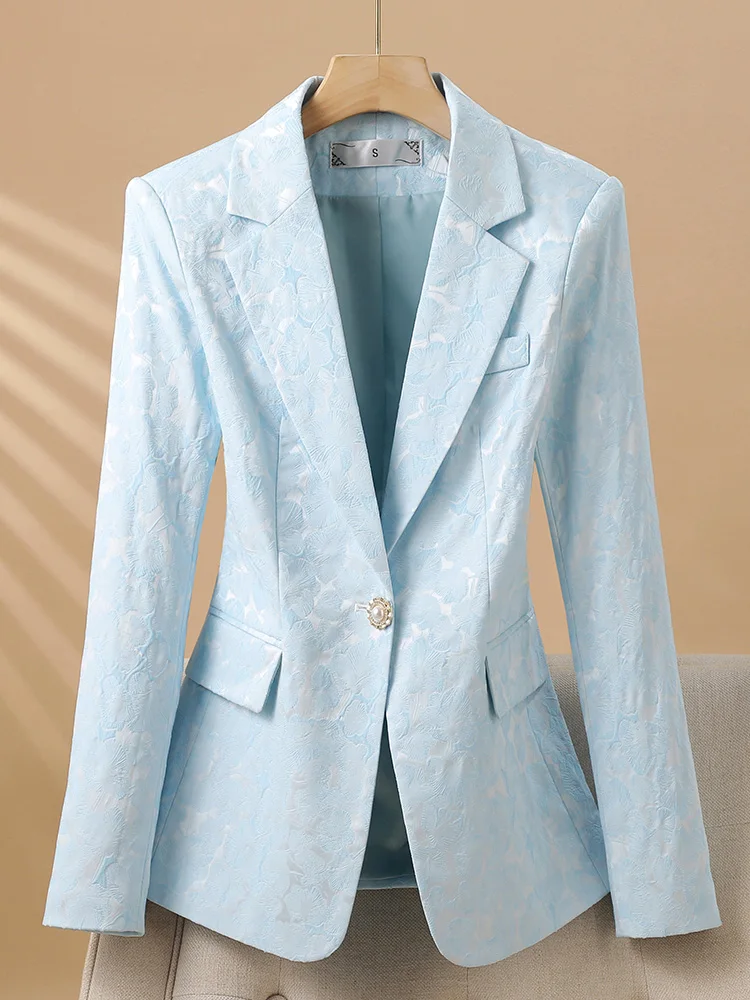 Light Blue Women's Suit Jacket Waist-Cinching Elegant Ladylike Unique Luxury Commute Style Long Sleeve Button-Up Pure Color