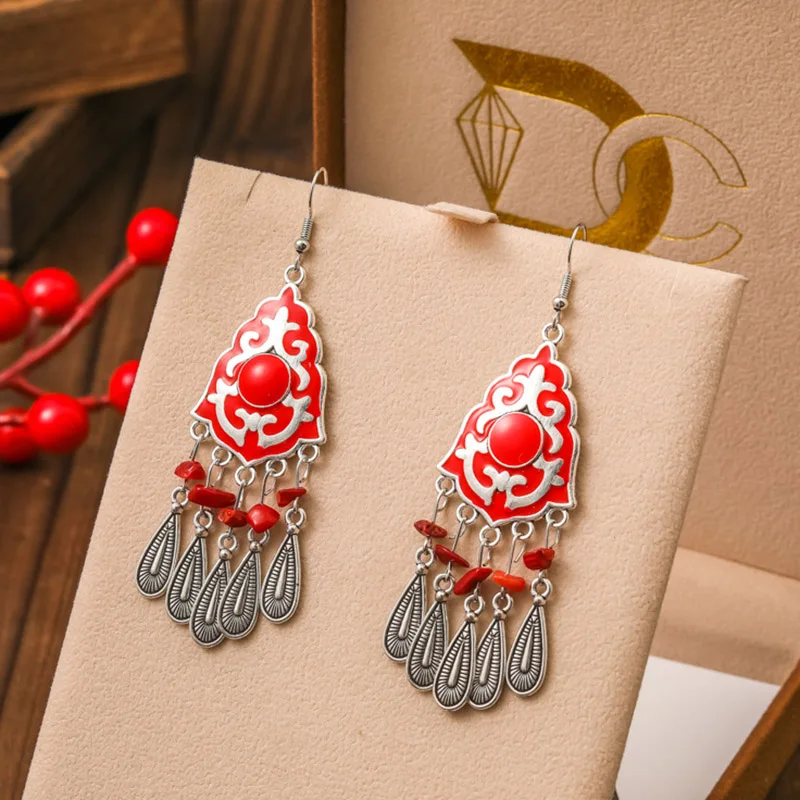 New Ethnic Irregular Natural Stone Metal Water Drop Earrings for Women Vintage Drop Oil Pattern Silver Color Earring Jewelry