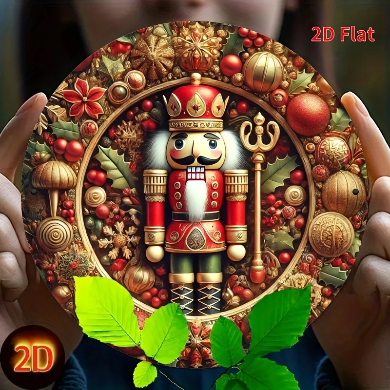 2D Flat Printing, Christmas Nutcracker, Metal Logo Round Sign, Door And Wall Decoration, High-Definition Printing, Pre-Drilled,