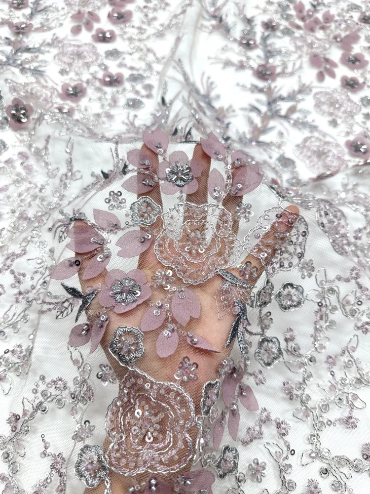 5 Yards African Beads Lace Fabric with High Quality Sequins Luxury Nigerian Wedding Material for Groom Dresses Sewing