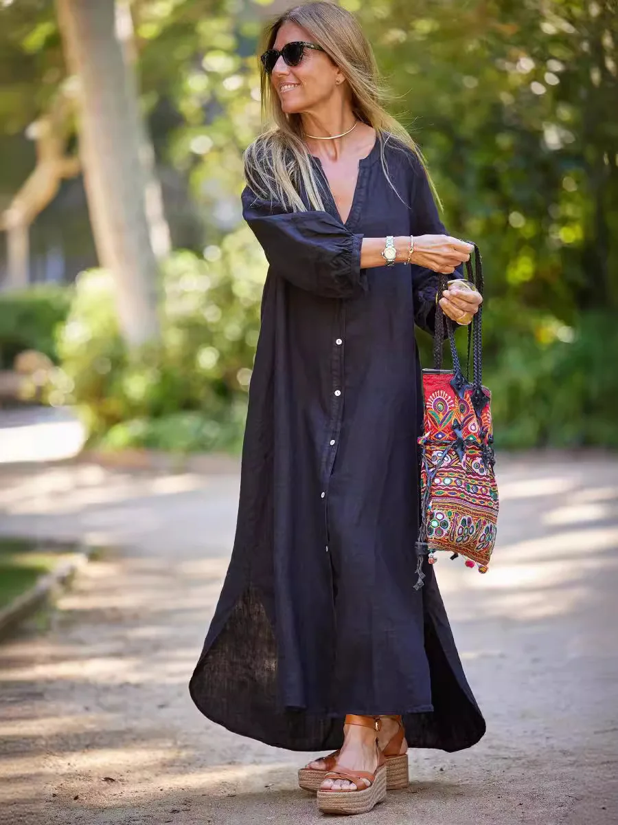 女性用 春 コットンリネンシャツ おしゃれ カジュアル 長袖 カーディガンワンピース