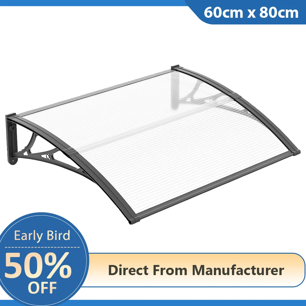 

Window Awning Canopy for Doorways 60cm x 80cm Outdoor Overhang Awnings Black Bracket Transparent Panel Polycarbonate Roof Cover