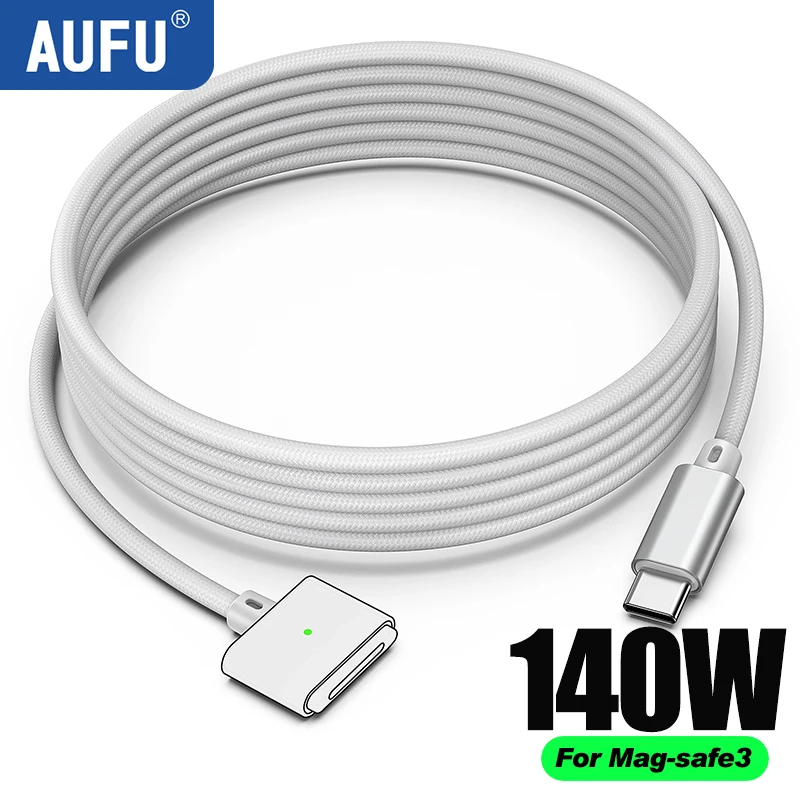 كابل AUFU USB C إلى مغناطيسي 3 لأجهزة الكمبيوتر المحمول 140 وات كابل مغناطيسي من النوع c لأجهزة MacBook Air Pro Mag-Safe 3 سلك شاحن 2 متر