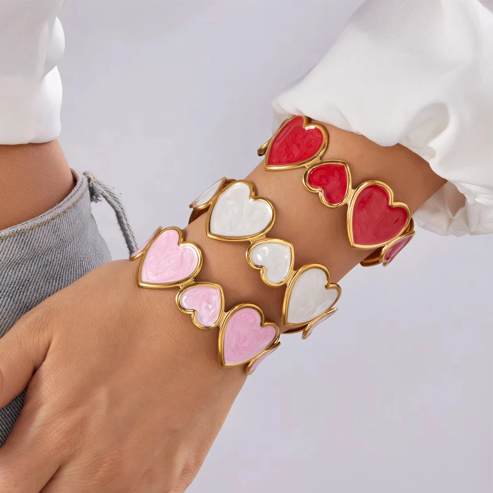 ZAKOL Stainless Steel Dripping Oil Heart Cuff Bracelet for Women Gold Color Love Shape Geometric Open Bangle Party Jewelry