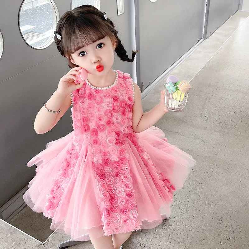 Girl's Rose Petal Princess Summer Dress New Children's Tank Top  Elegant Mesh Dress