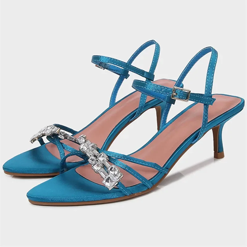 

Роскошные женские синие туфли на высоком каблуке со стразами, элегантные босоножки на каблуке с ремешком на щиколотке и пряжкой, пикантные банкетные модельные туфли
