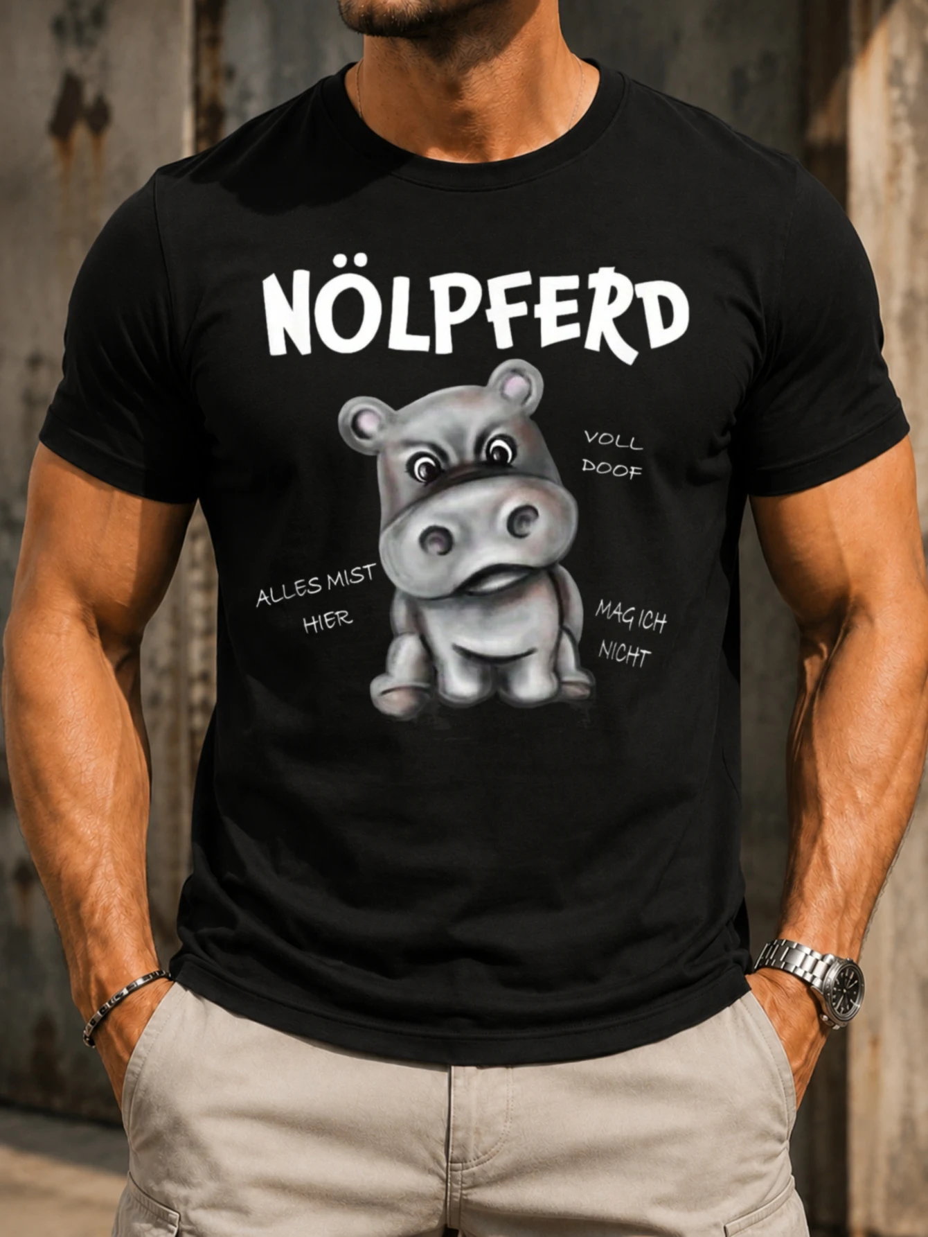 Grumpy complaining hippopotamus with German everything is awful phrase Illustrated with bold themed  Unisex All T-Shirt