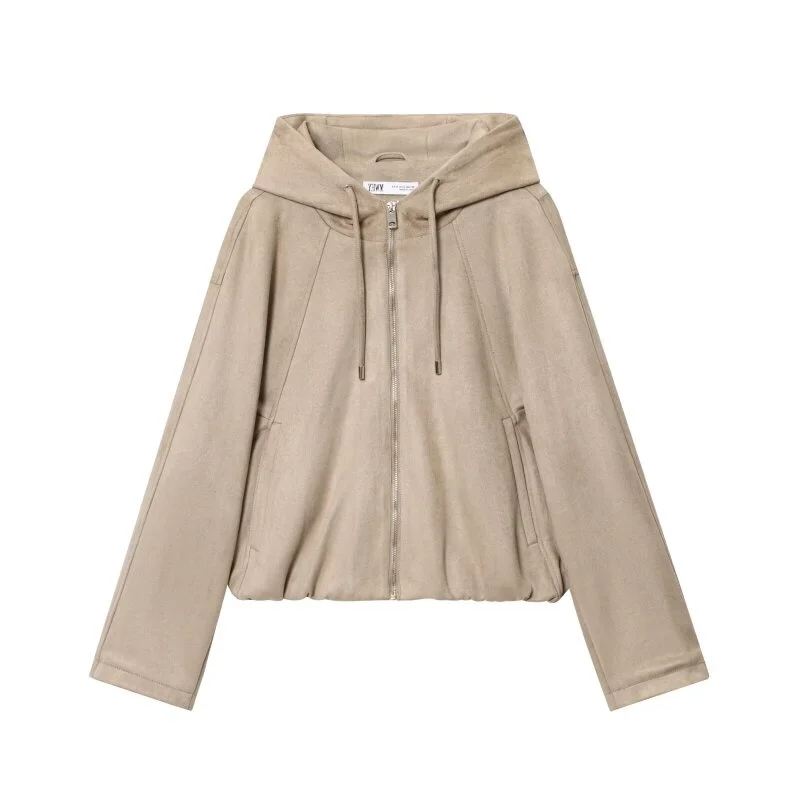 Women's 2-Color Casual Zip-Up Hooded Jacket-Spring Faux Suede Hoodie, Simple Fashion Versatile for Daily Outings, Commute&School