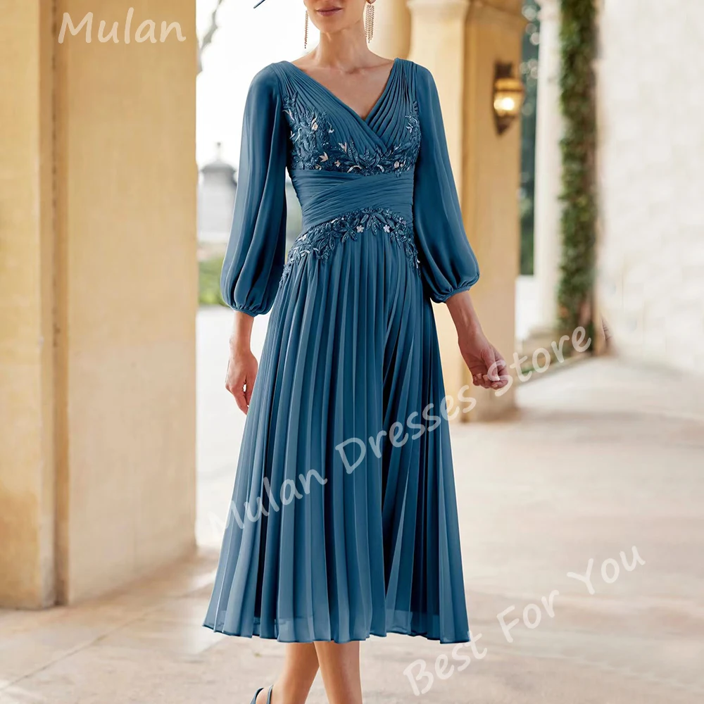 Elegant Long Beads Mother of the Bride Dress Chiffon V Neck Tea-Length A-Line Wedding Guest Party Formal Wedding Party Maxi 2024