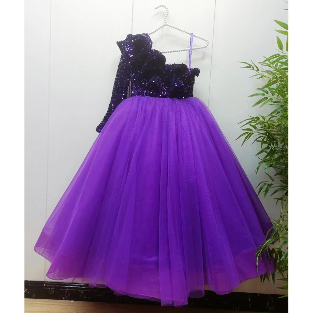 Customize Colors New Arrival Sequin Girls Princess Purple Sexy Single Long Sleeve Wedding Party Gown Birthday Tulle Dress