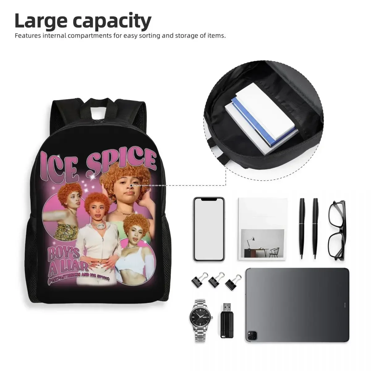 Ransel Musik Hiphop Ice Spice Kustom untuk Anak Perempuan Laki-laki Tas Perjalanan Sekolah Perguruan Tinggi Tas Buku Wanita Pria Cocok untuk Laptop 15 Inci