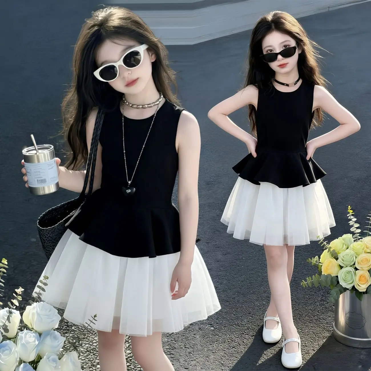 2026 French Summer Kid baby Party Princess Girls Mesh Lace Teenager Vest Patchwork Slip Dress Tutu Skirt 4 7 8 10 12 14 Years