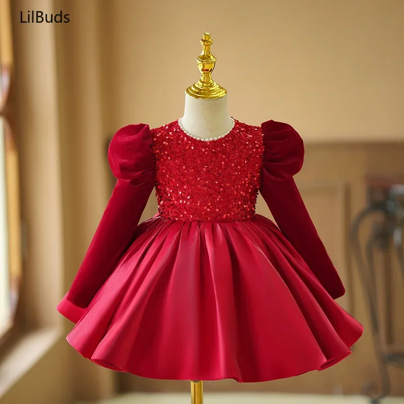 

2024 Infant Children's One Year Old Dress Clothes Kids New Wine Red Sequin Toush Princess Little Girl's Birthday Party Costumes