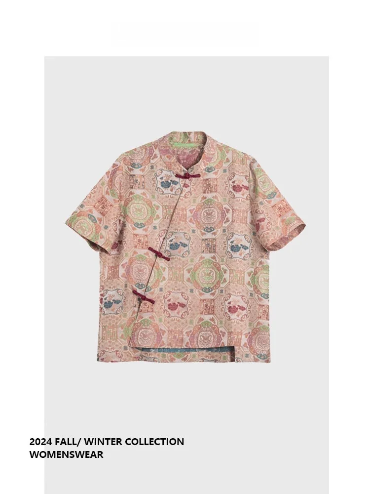 Camisa de Manga Curta Estilo Chinês Retrô Solta e Confortável da Forever 21, Design que Emagrece, Moda de Verão