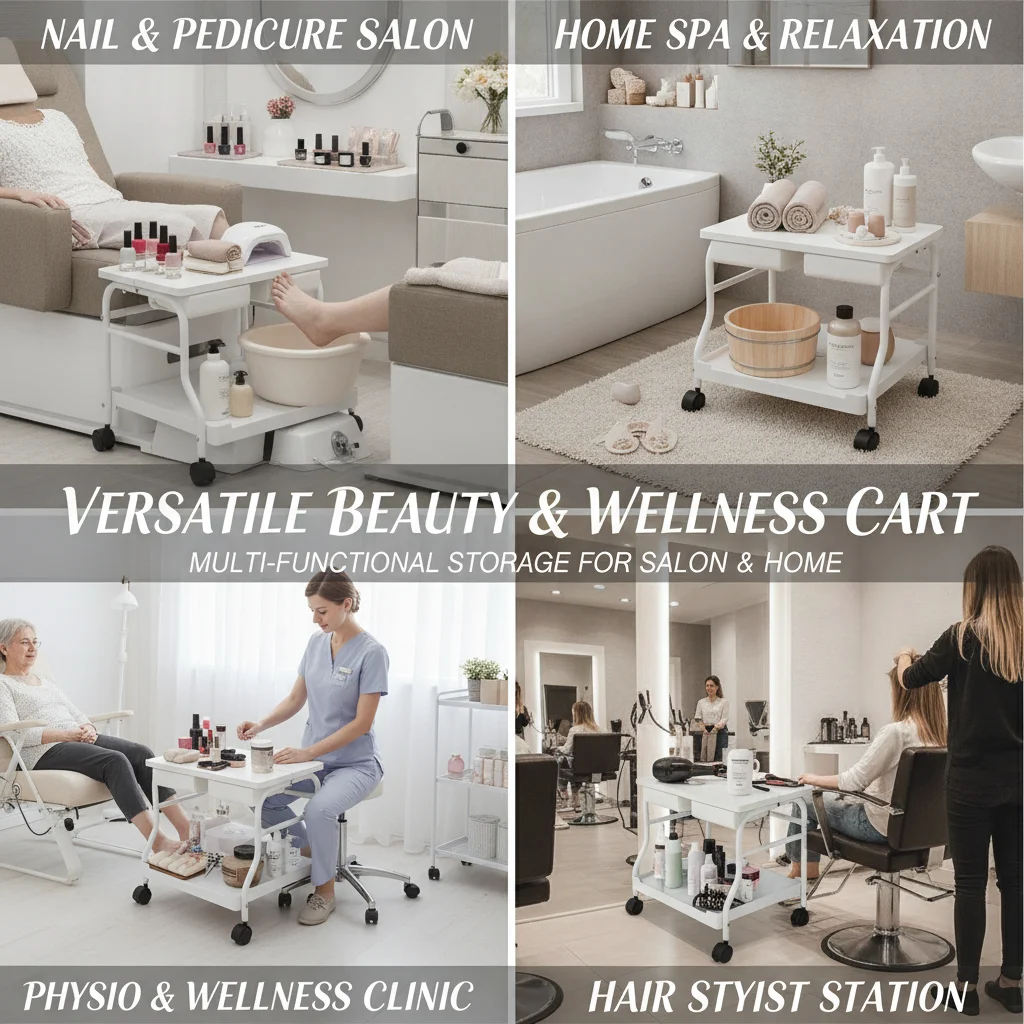 Portable Foot Trolley Cart, Pedicure Spa Cart with Foldable Boards for Nail Lamp or Foot Pads, Mobile Beauty Salon Trolley with 4 Silent Wheels & Brakes, White