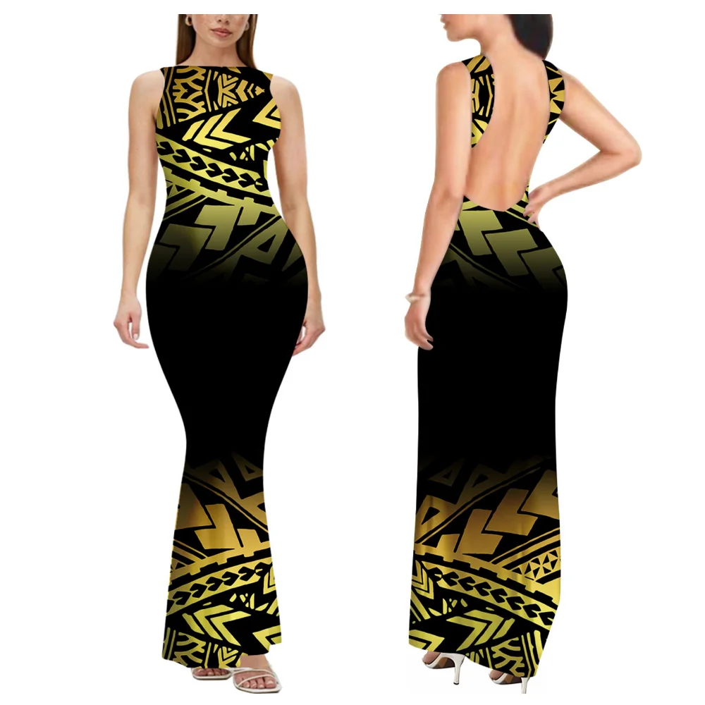 

High-Quality Women'S Sexy Floor-Length Dress Polynesian Samoan Island Festival Party Slimming Backless Elegant Evening Dress