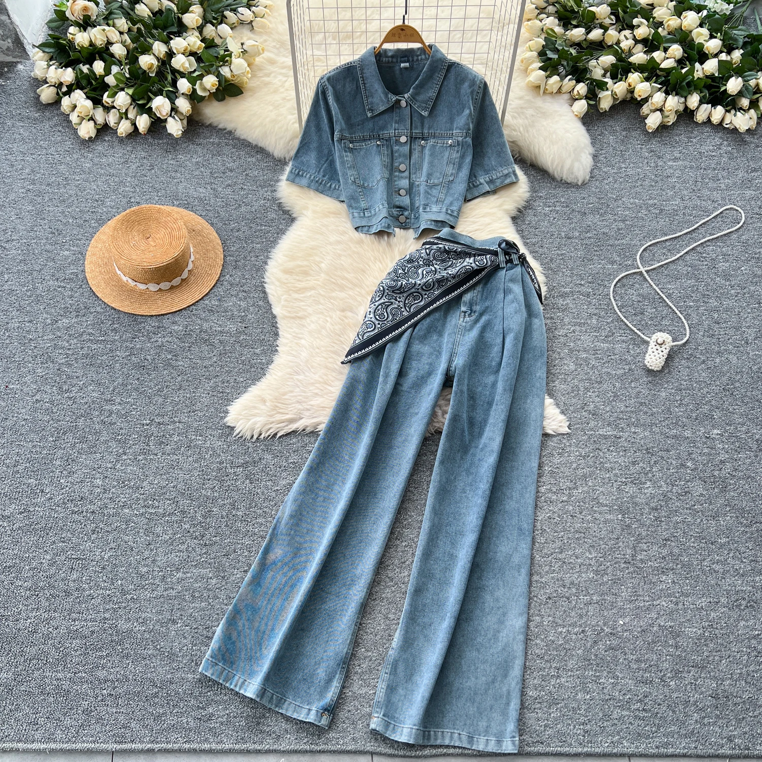 

Summer Denim Two-piece Set for Women Lapel Short Sleeved Slit Shirt Wide Leg Jeans Sets Korean Casual Fashion Female Suit