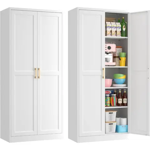 71" Tall Metal Pantry Cabinet, White Kitchen Pantry Storage Cabinet with 4 Adjustable Shelves, Gold-Handled Cupboard for Kitchen