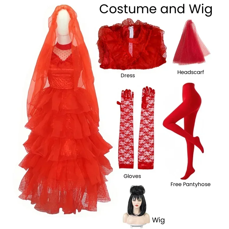 Escarabajo novia Lydia Deetz disfraz Lydia mujer vestido de novia gótico vestido rojo trajes de Halloween con velo