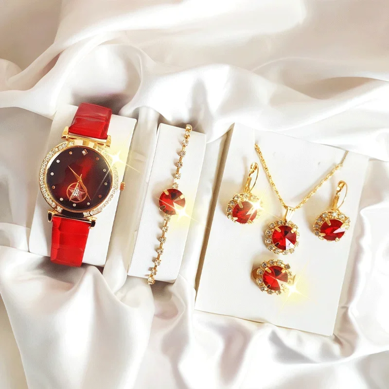 6-piece women's round quartz watch set gift box, large diamond bracelet set, watch set - view 3