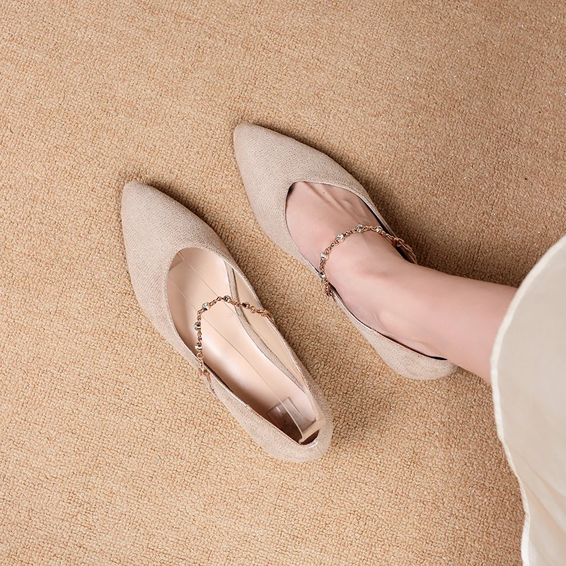 Frühling Herbst Damen Wildleder Spitze Mary Jane Flache Schuhe Kristallketten-Riemen Rutschfeste Lässige Bequeme Schuhe – Detail 7