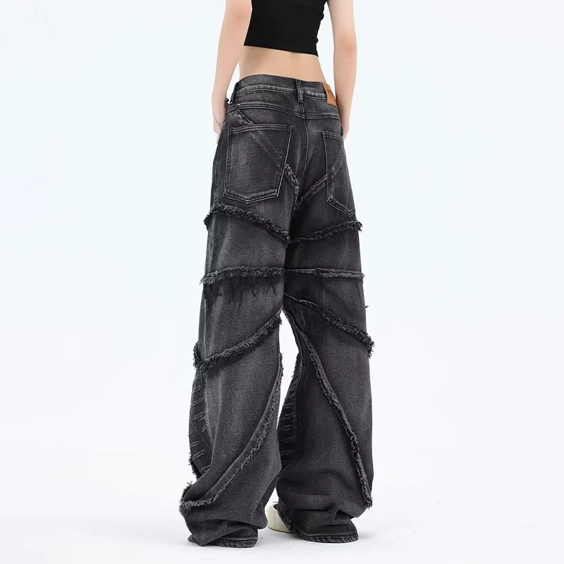 HOUZHOU Y2K Punk Black American Street Rock Retro High Waist Oversized Jeans Women Raw Edge Washed Darkwear Wide Leg Trousers