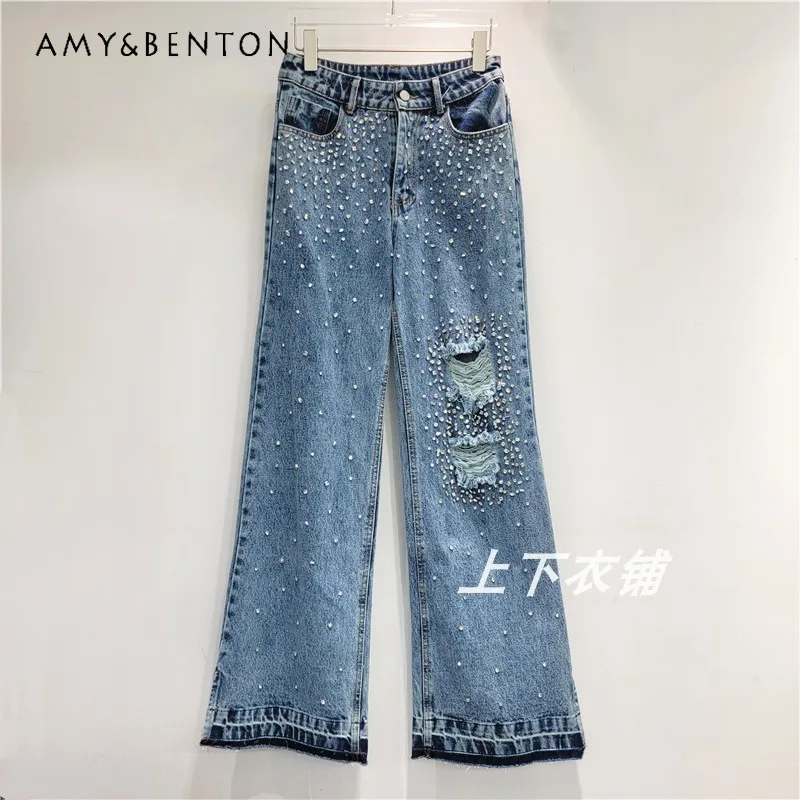 

Ins Style Diamond Mop Jeans For Women Ripped Trousers 2024 Early Autumn New High Waist All-Matching Wide Leg Zipper Denim Pants