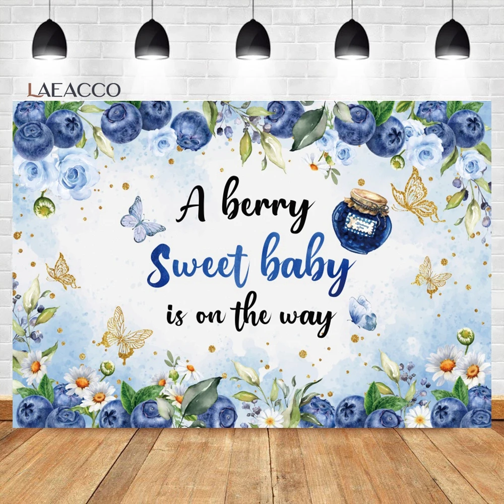 Laeacco Sweet Blueberry Baby Shower Royal Blue Backdrop Fruit Party Boy Baby Shower Portrait Customized Photography Background