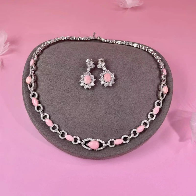Bellux Natural Pink Conch Beads Queen Shell Sweet Girl Necklace Earrings Ring Set 925 Silver Plated 18K Gold Fine Jewelry