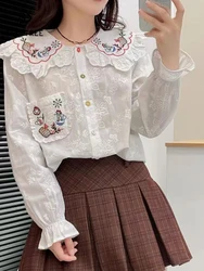 New Autumn Cotton Long Sleeve Shirt, Women Peter Pan Collar Embroidery Top, Mori Girl Sweet Loose Blouses, 2024 Winter T487150QC